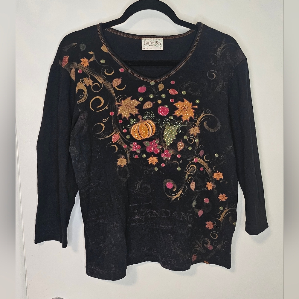 Autumn / Fall Harvest Print Cactus Bay 3/4 Sleeve Graphic Top With Rhinestones